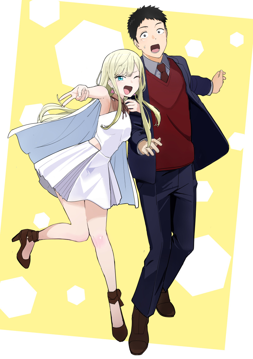 1boy, 1girl, absurdres, black_hair, blonde_hair, border, commentary_request, cosplay