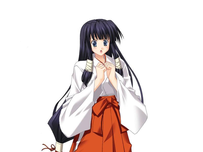 1girl, black_hair, blue_eyes, blunt_bangs, game_cg, goma_satoshi, hakama, hakama_skirt