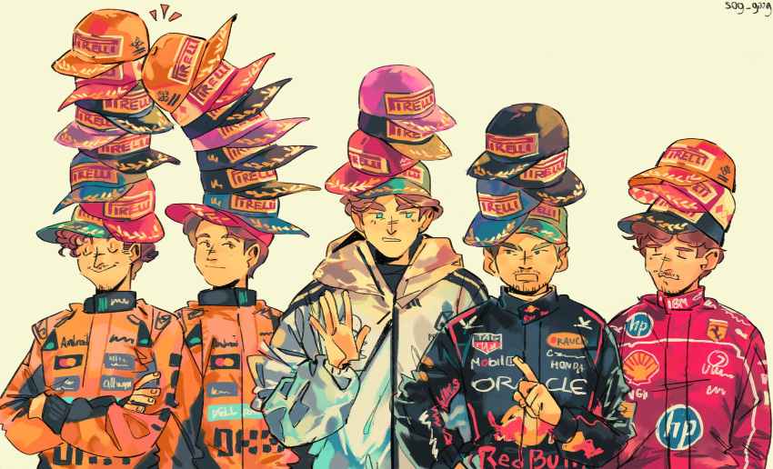 5boys, arguing, baseball_cap, blue_eyes, blue_racing_suit, brown_eyes, brown_hair, charles_leclerc