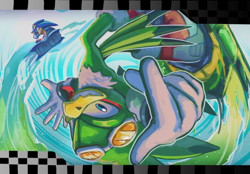 2boys, bird_boy, checkered_background, chinchila010, eyewear_on_head, furry, gloves, goggles