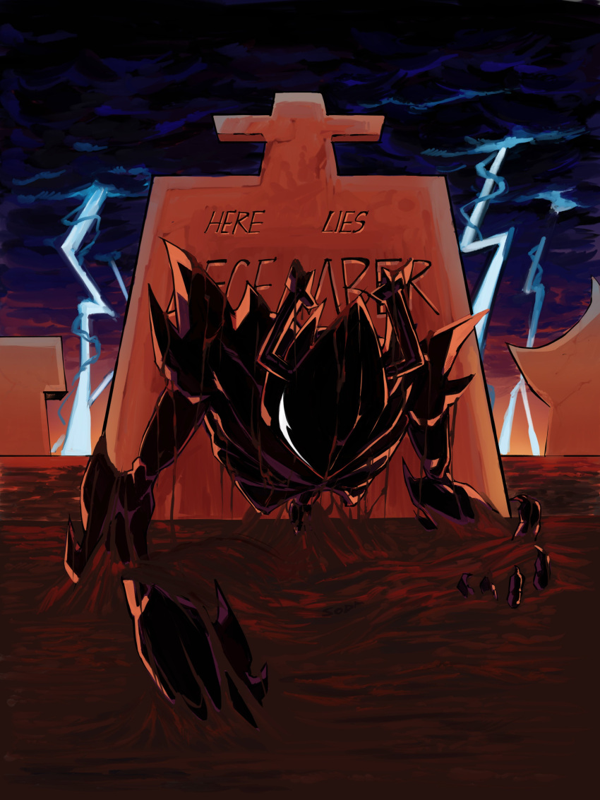 1other, absurdres, antlers, armor, clouds, cloudy_sky, cross, deltarune, derivative_work, dirt, glowing, glowing_eyes, grave, graveyard, highres, horns, knight, marvel, outstretched_arms, roaring_knight, sky, sodaggs, spider-man_(series), spiked_pauldrons, thunder, tombstone, utdr_(toby_fox), white_eyes