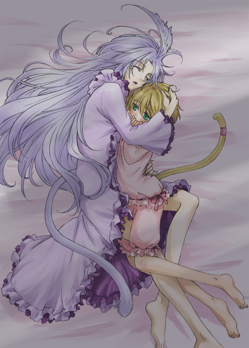 barefoot, blonde_hair, blush, brother_and_sister, closed_eyes, eyes_closed, feet, final_fantasy, final_fantasy_ix, green_eyes, highres, hug, kuja, long_hair, lying, mali, mikoto, mikoto_(ff9), pajamas, siblings, silver_hair, sleeping, tail