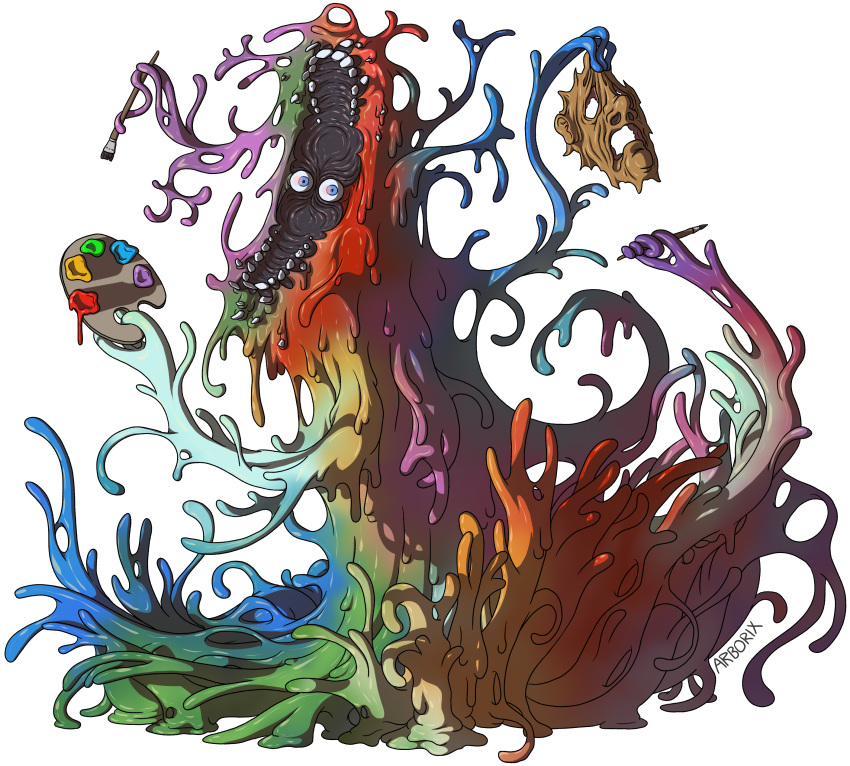 1other, absurdres, arborix, artist_name, blue_eyes, body_horror, faceless, facetaker_fred_(look_outside), highres, holding, holding_paint_palette, holding_paintbrush, horror_(theme), look_outside, monster, no_humans, open_mouth, other_focus, paint, paint_palette, paintbrush, simple_background, teeth, white_background