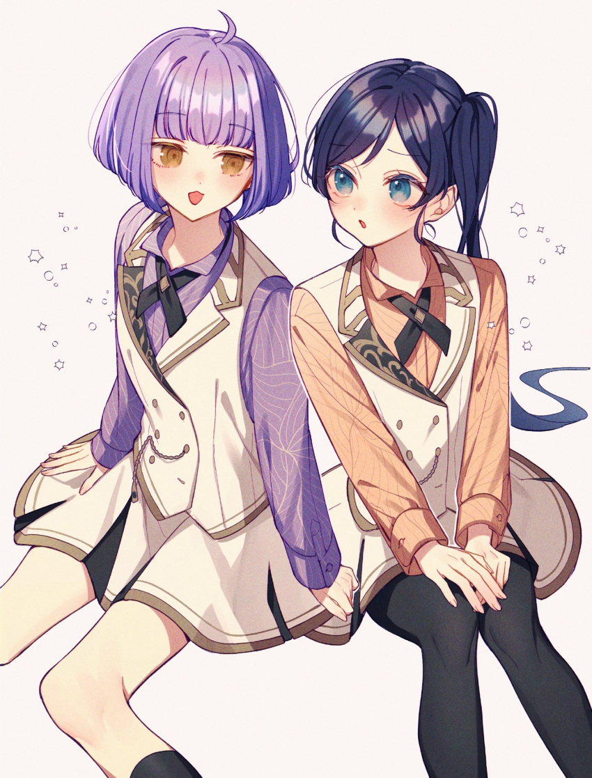 2girls, ahoge, ametomea, black_hair, black_pantyhose, blue_eyes, brown_eyes, collared_shirt