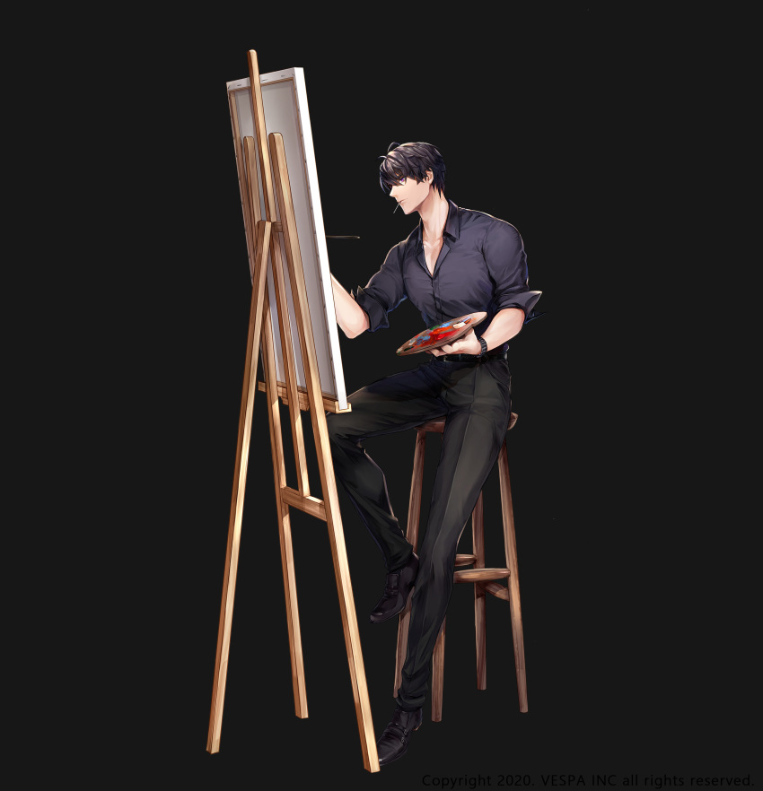 1boy, absurdres, bar_stool, belt, black_belt, black_hair, black_pants, black_shirt