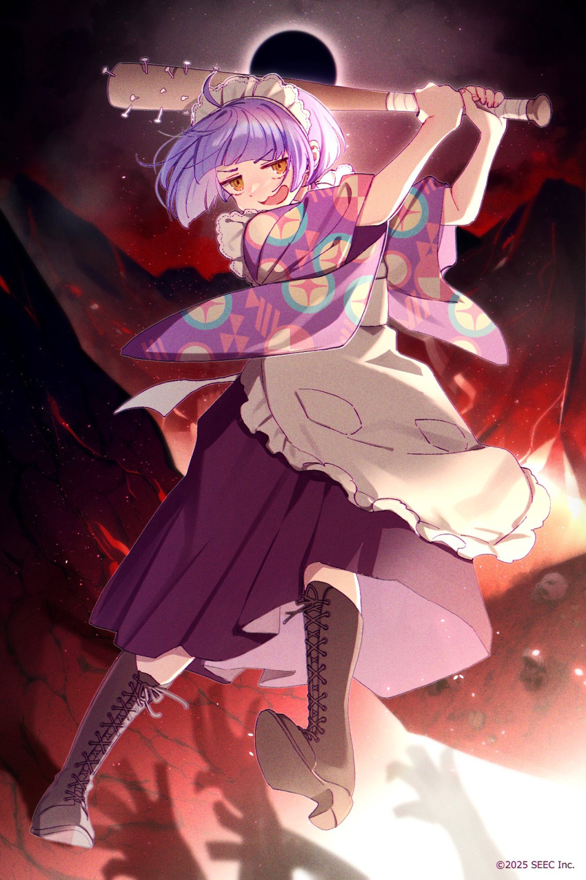 1girl, :d, ahoge, ametomea, apron, baseball_bat, boots, brown_boots