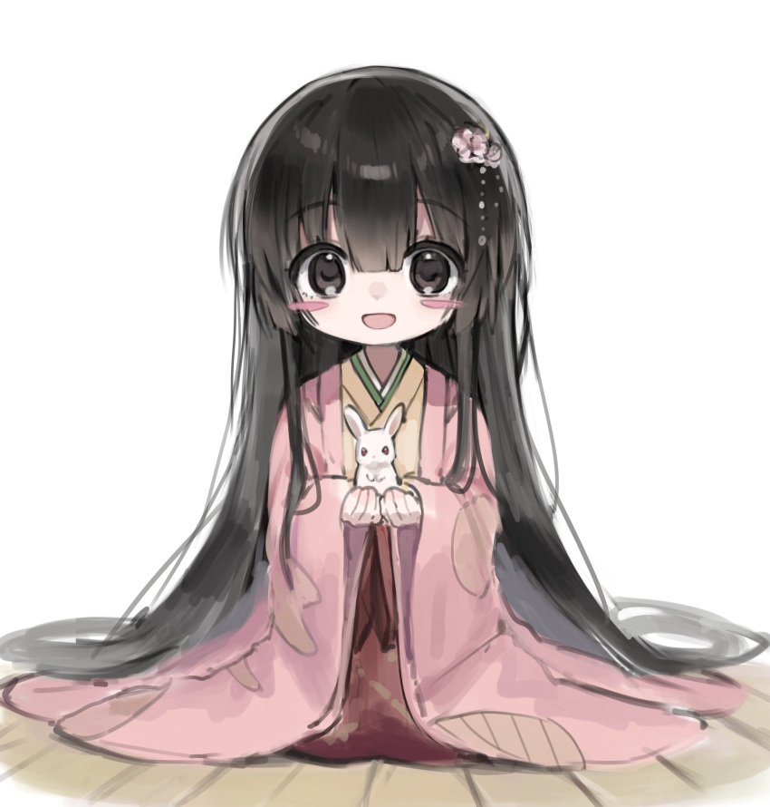 1girl, :d, absurdres, animal, black_eyes, black_hair, blush_stickers, flower
