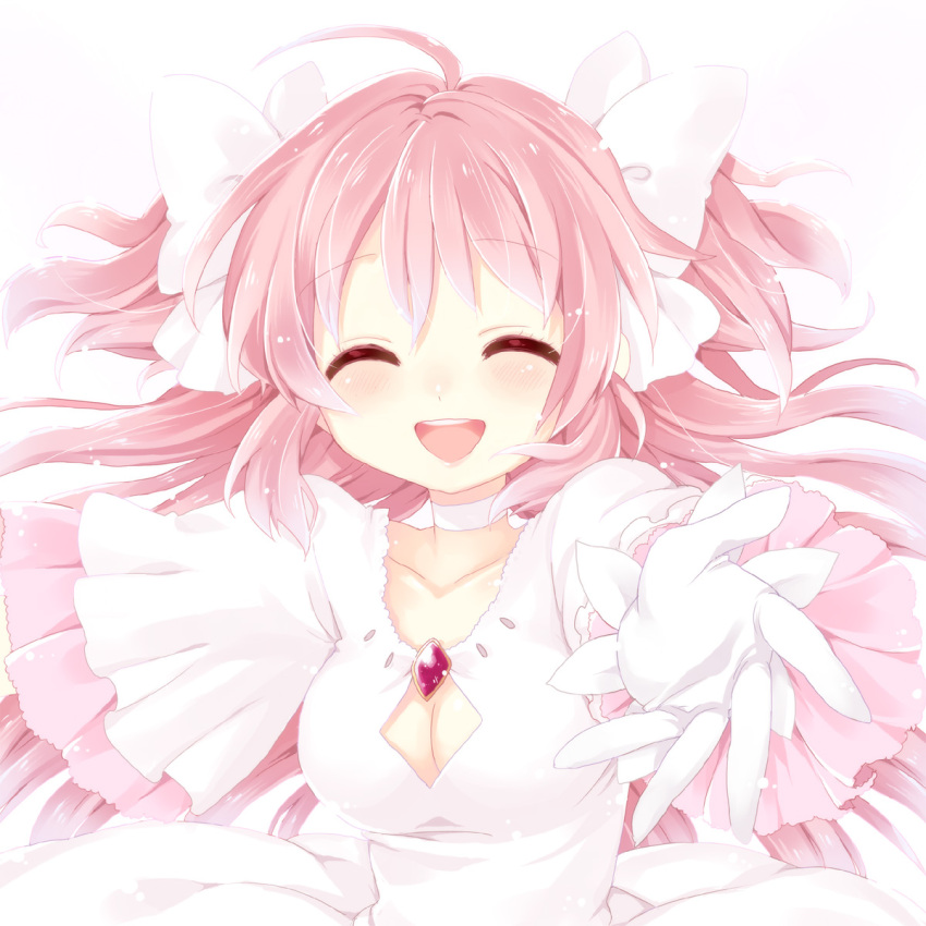 alternate_costume, blush, bow, breasts, cleavage, closed_eyes, dress, eyes_closed
