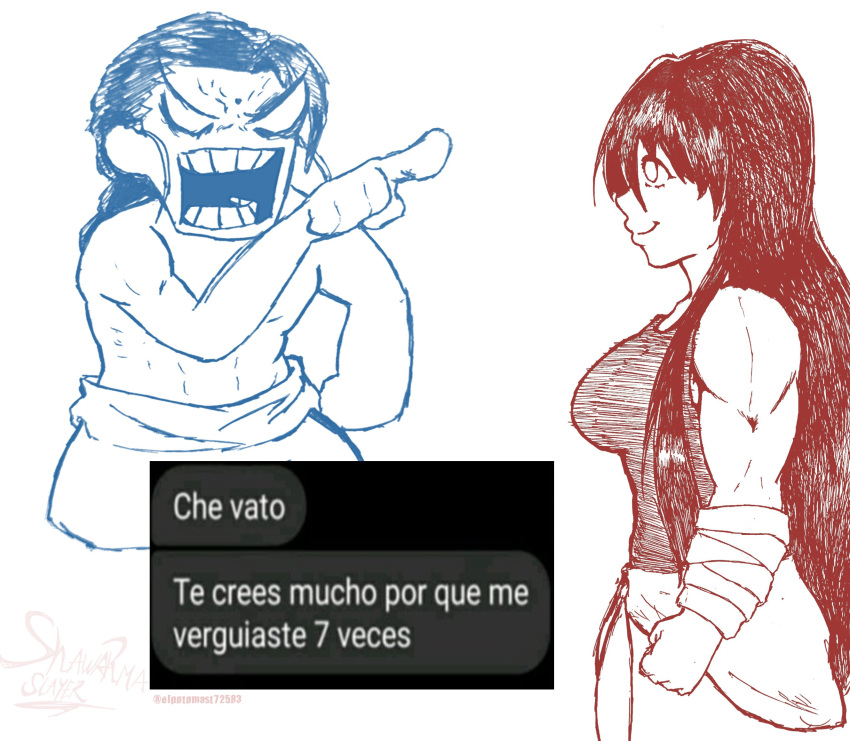 angry, black_hair, highres, izumo_fuuko, kowloon_feng, meme, muscular, muscular_female, muscular_male, pointing, shawarmaslayer, spanish_commentary, spanish_text, tank_top, undead_unluck