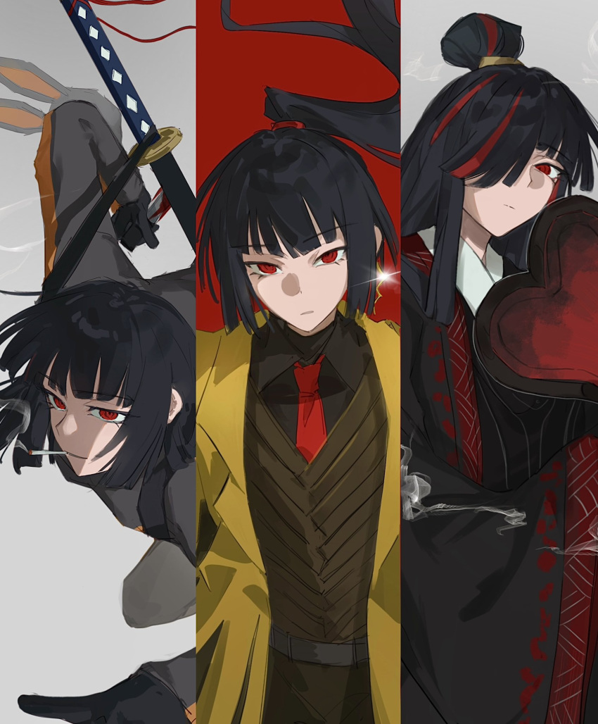 1girl, black_bodysuit, black_hair, black_hanfu, black_shirt, bodysuit, brown_vest, chinese_clothes