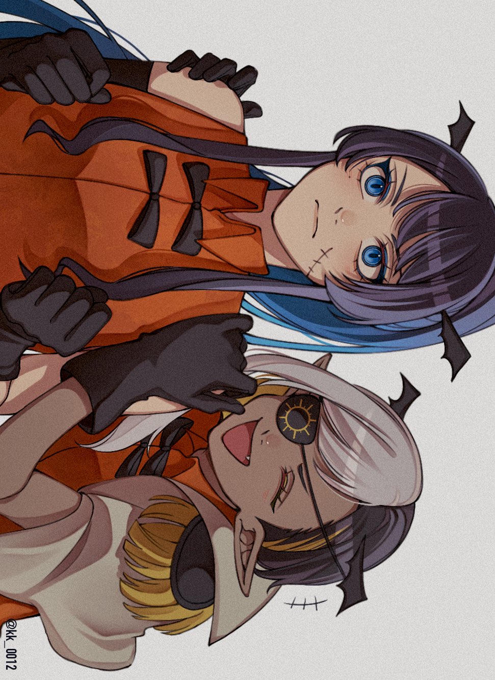 2girls, ado_(utaite), black_gloves, black_hair, blue_hair, chando_(ado), commentary, cosplay, elbow_gloves, fang, gloves, grey_background, highres, keeko_(kk_0012), long_hair, lugosi_(ado), multicolored_hair, multiple_girls, open_mouth, orange_shirt, ponytail, romero_(ado), romero_(ado)_(cosplay), shirt, show_(ado), sideways, symbol-only_commentary, twitter_username, two-tone_hair, utaite, white_hair