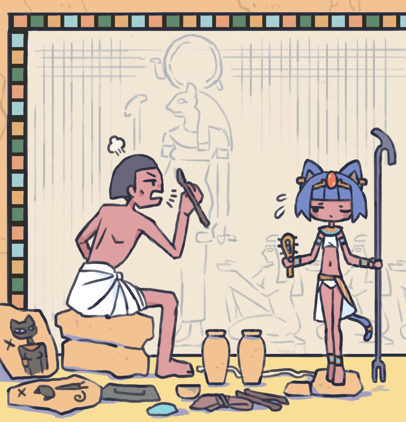 1boy, ancient_egyptian, ancient_egyptian_clothes, animal_ears, ankh, bastet_(mythology), black_hair, cat_ears
