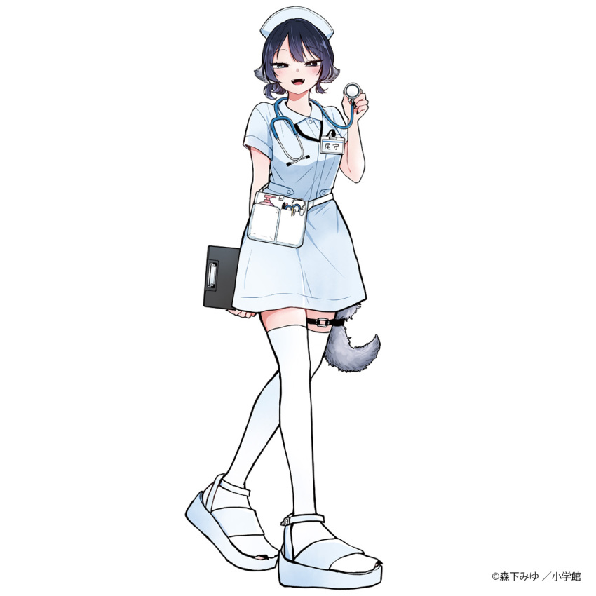 1girl, animal_ears, black_eyes, black_hair, blue_dress, blue_hat, bright_pupils, clipboard