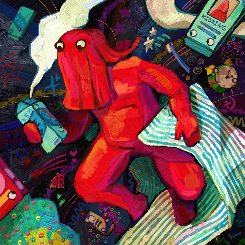 1boy, 6+others, absurdres, alarm_clock, artist_name, bed_sheet, clock, don't_hug_me_i'm_scared