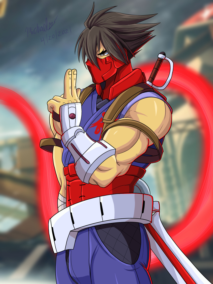 1boy, absurdres, brown_hair, highres, manly, mask, michael_gonzalez, mouth_mask