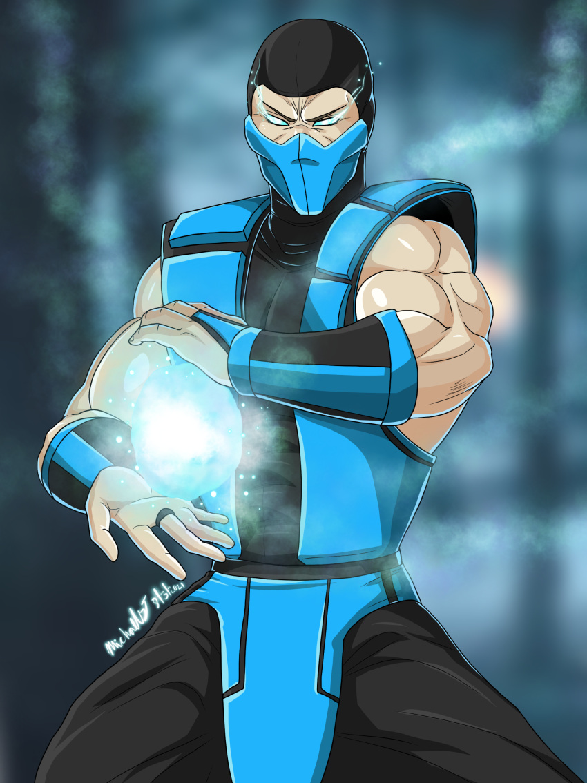 1boy, absurdres, blue_eyes, cryokinesis, fingerless_gloves, gloves, highres, kuai_liang