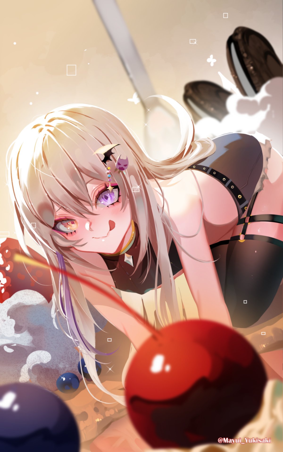 1boy, :q, all_fours, artist_name, black_thighhighs, cherry, closed_mouth, commentary, commission, crop_top, double-parted_bangs, english_commentary, food, fruit, grey_hair, grey_shorts, hair_ornament, heterochromia, highres, indie_virtual_youtuber, licking_lips, long_hair, looking_at_viewer, male_focus, mefelis_hex, short_shorts, shorts, smile, solo, thigh-highs, tongue, tongue_out, trap, violet_eyes, virtual_youtuber, yellow_eyes, yukisaki_mayui