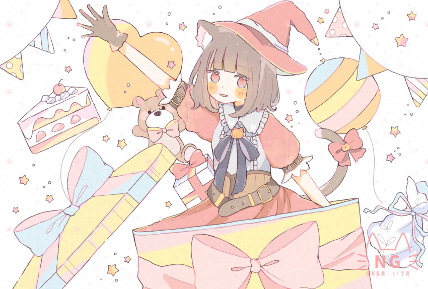 1girl, animal_ears, balloon, belt, blush, bow, box, brown_gloves, brown_hair, cake, cat_ears, cat_girl, cat_tail, dress, food, gift, gift_box, gloves, hat, heart_balloon, highres, indie_virtual_youtuber, l_millefeuille, medium_hair, open_mouth, pink_bow, red_eyes, ribbon, solo, star_(symbol), stuffed_animal, stuffed_toy, tail, tail_bow, tail_ornament, tail_ribbon, teddy_bear, witch_hat