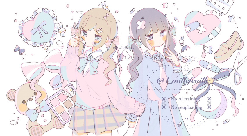 2girls, @_@, balloon, bandaid, blue_bow, blunt_bangs, blush, bow