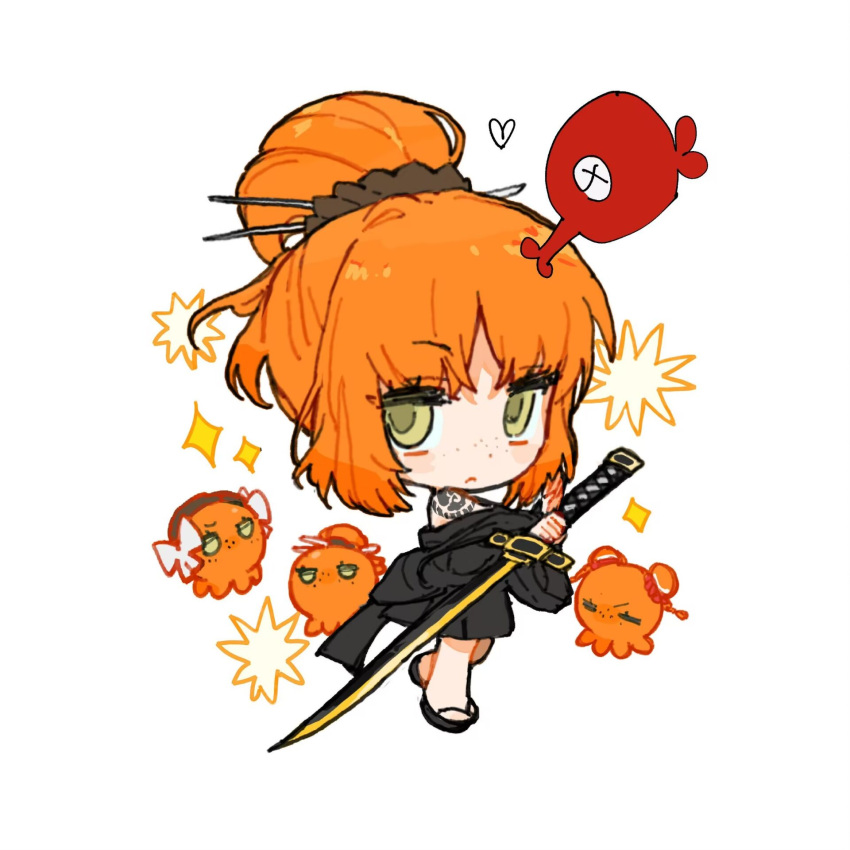 1girl, :<, black_kimono, chibi, cloud_tattoo, freckles, full_body, green_eyes