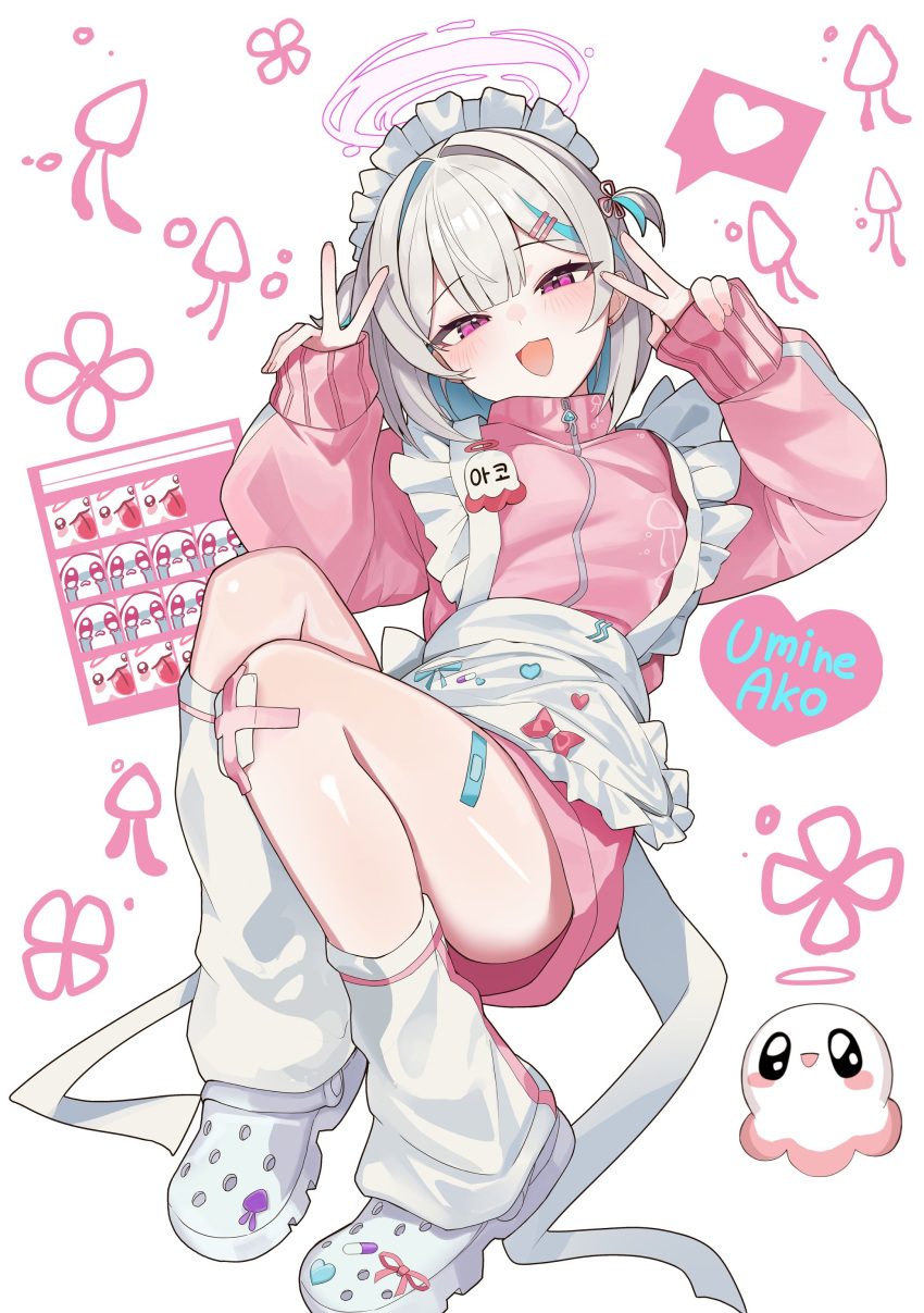 1girl, absurdres, apron, bandaid, bandaid_on_knee, bandaid_on_leg, blue_hair, blush