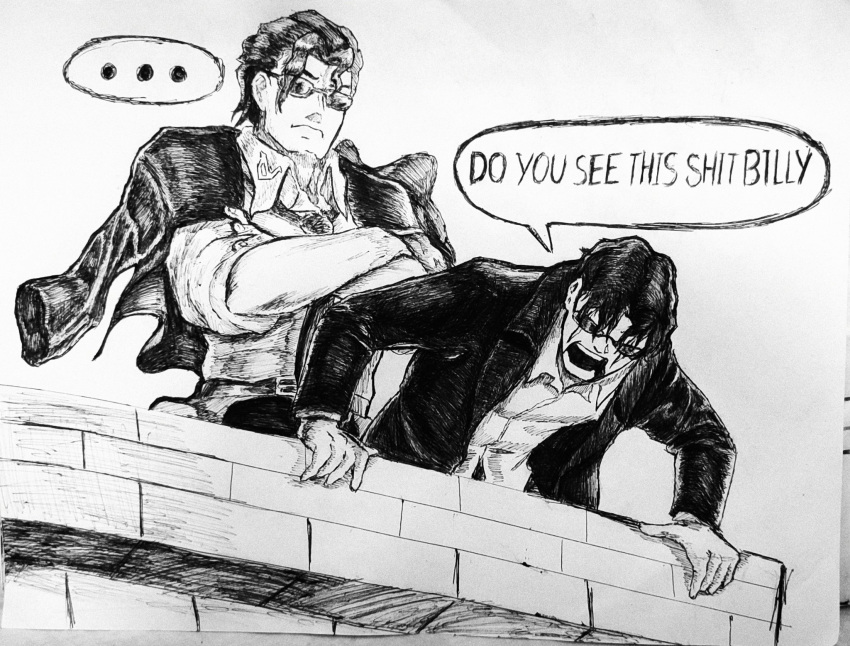 2boys, billy_alfred, black_hair, black_shirt, blind, crossed_arms, do_you_see_this_shit?_(meme), highres, kagurabachi, meme, multiple_boys, necktie, samura_seiichi, scar, scar_on_face, shawarmaslayer, shirt, sunglasses, undead_unluck, white_shirt