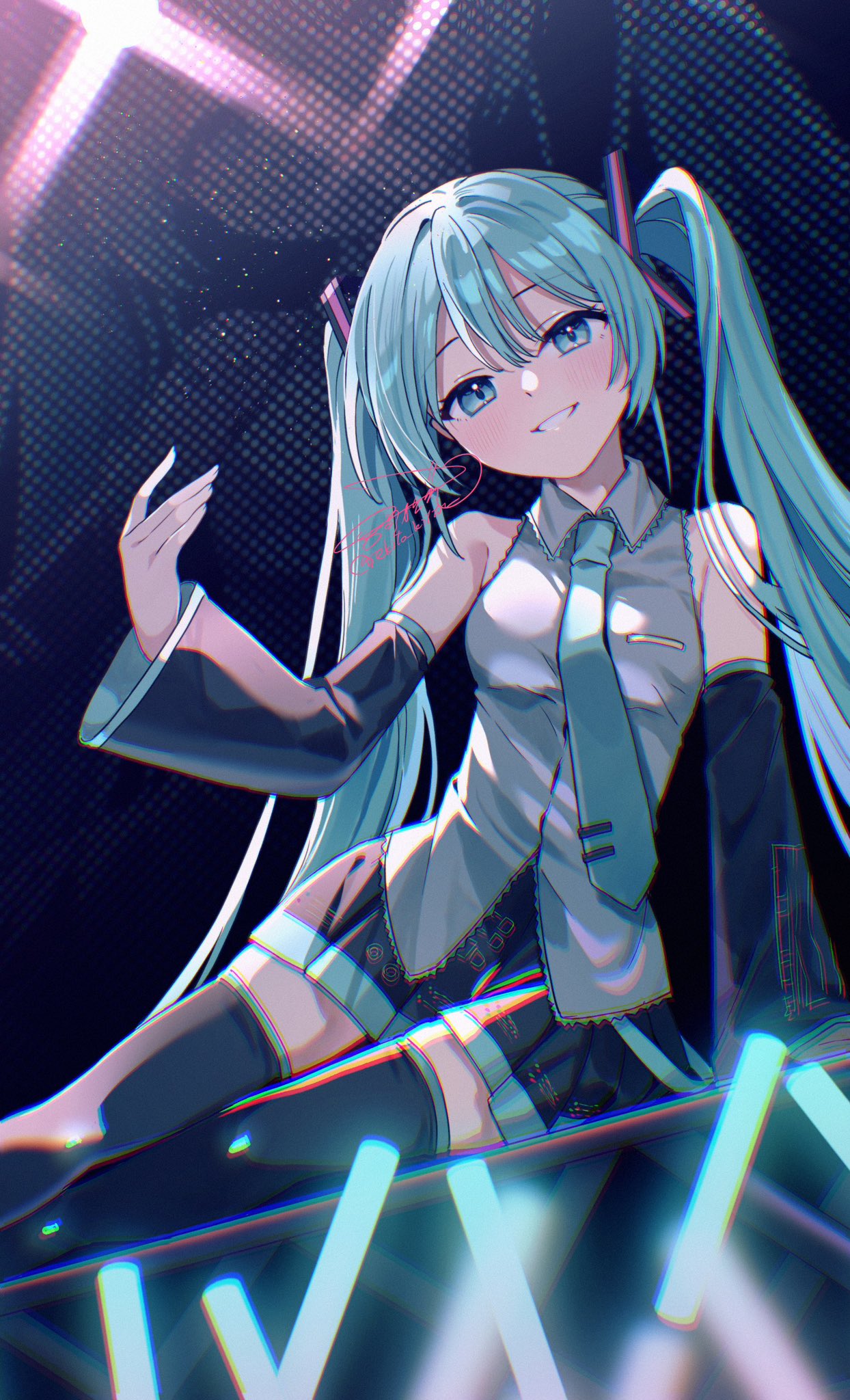 1girl, aqua_eyes, aqua_hair, aqua_necktie, arm_support, bare_shoulders, black_skirt, black_sleeves