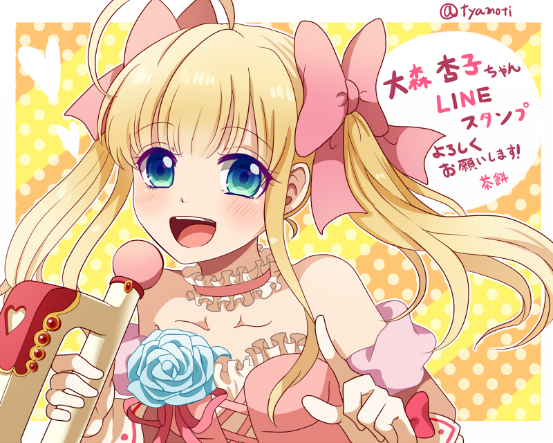 1girl, ahoge, aqua_eyes, bare_shoulders, blonde_hair, border, bow, chamochi