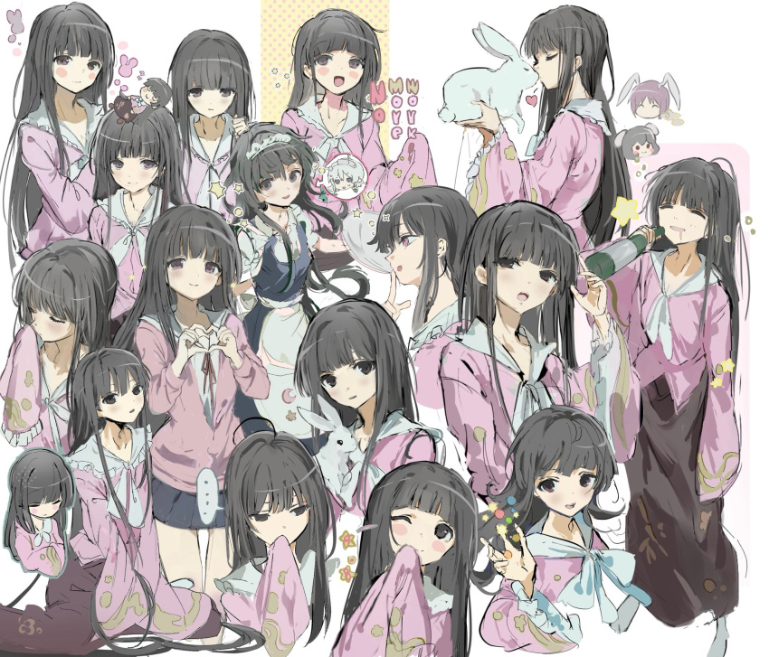 alternate_costume, animal, apron, black_skirt, blue_dress, blush, brown_skirt, closed_eyes