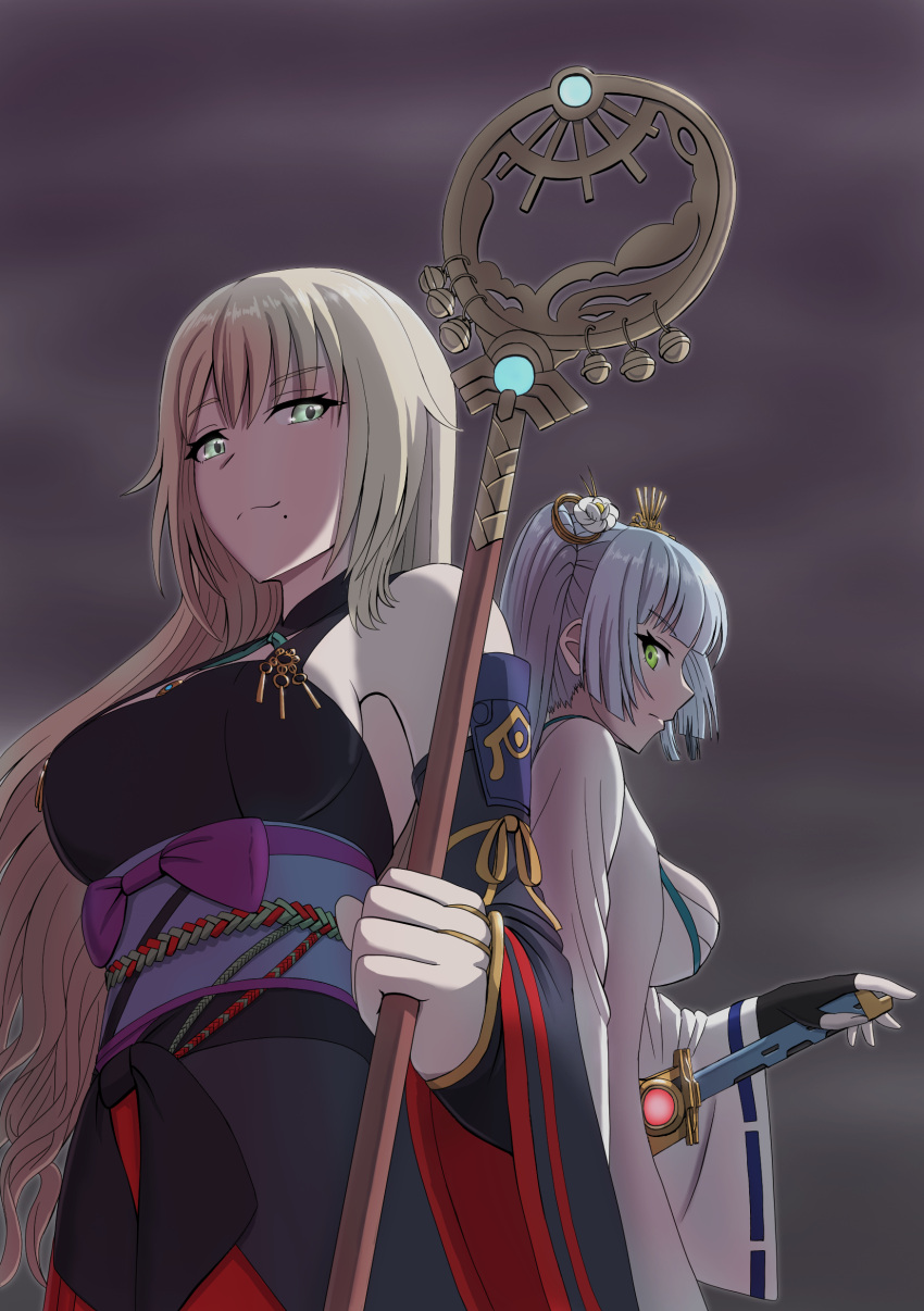2girls, absurdres, assault_lily, bare_shoulders, black_gloves, black_kimono, blonde_hair, blue_hair