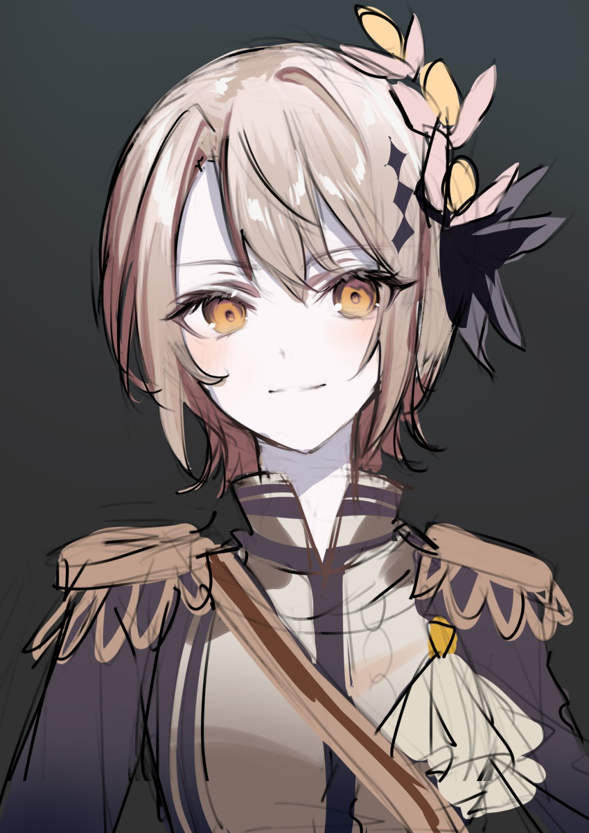 1girl, black_jacket, blonde_hair, closed_mouth, commentary_request, epaulettes, grey_background, hair_ornament