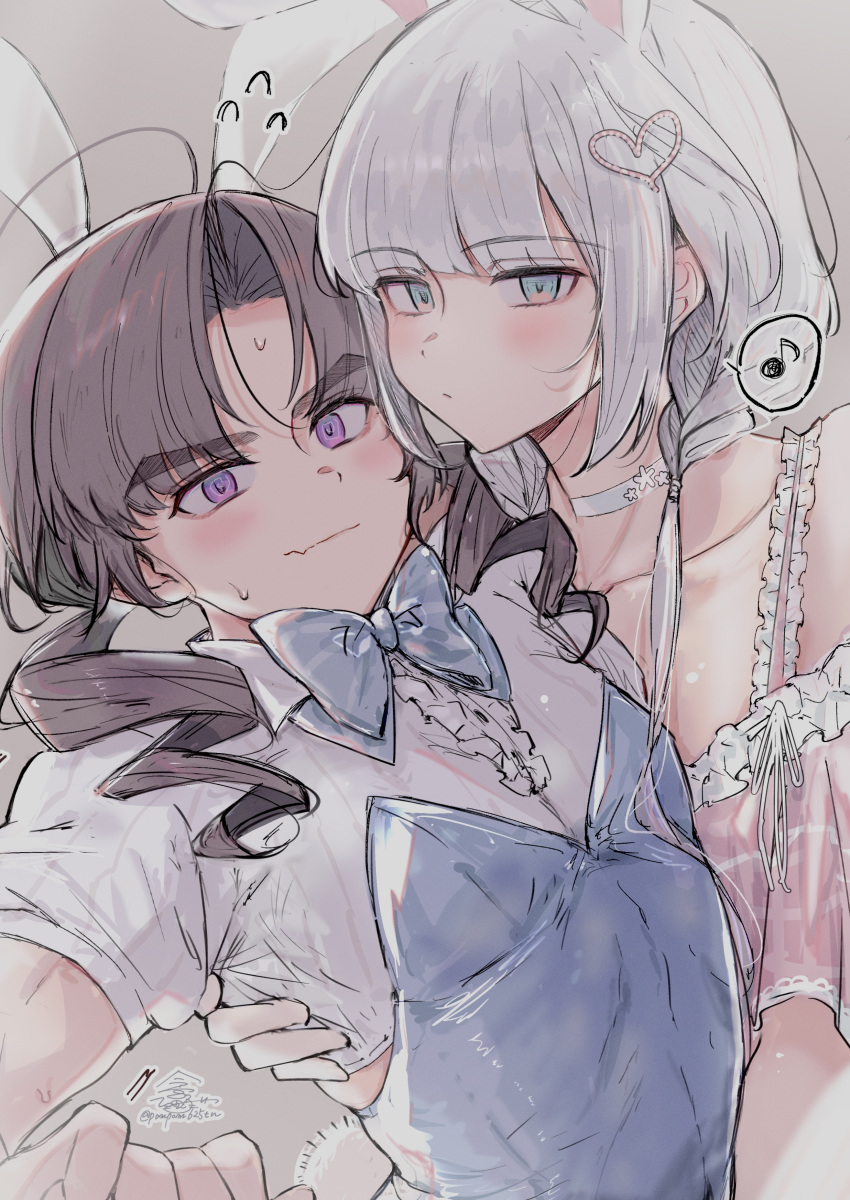 2boys, absurdres, animal_ears, ayase_ayato_(imamiya_pinoko), black_hair, blue_eyes, braid, crossdressing