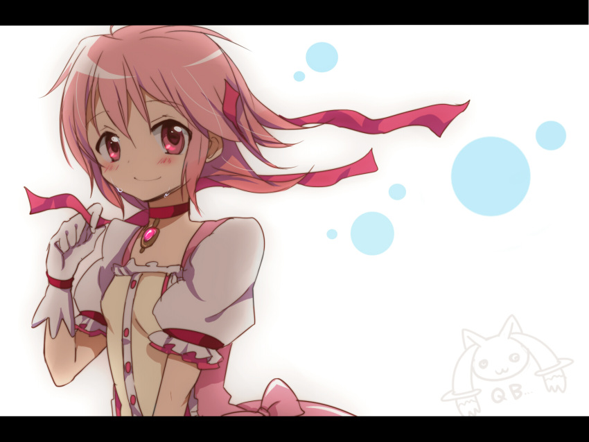 blush, bust, choker, gloves, hair_down, highres, kaname_madoka, kyubey, letterboxed, magical_girl, mahou_shoujo_madoka_magica, pink_hair, puffy_sleeves, short_hair, smile, tears, white_gloves, yokutaso