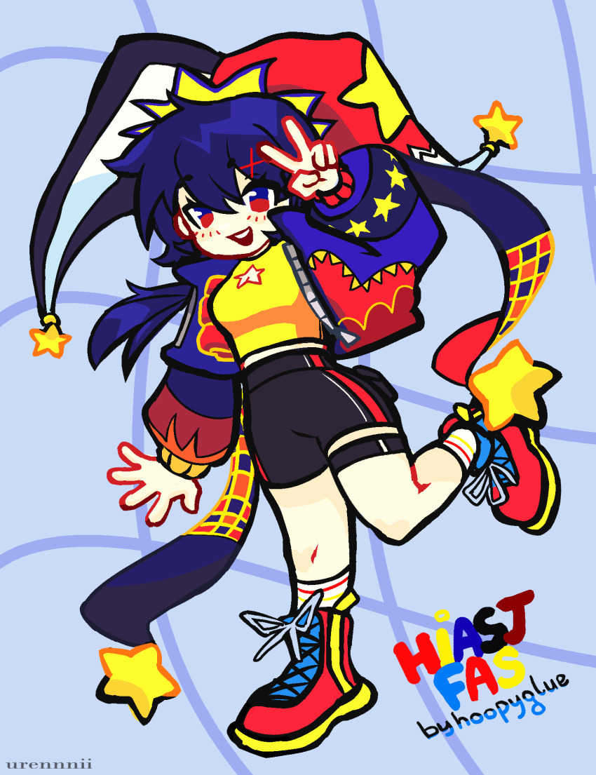 black_shorts, blue_hair, blush, geometry_dash, grin, h_i_a_s_j_f_a_s, hair_ornament, hat
