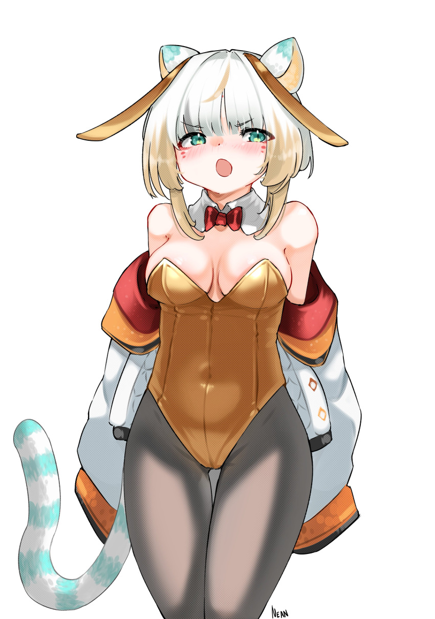 blue_eyes, bunnysuit, chromashift, taiga_toragami, tiger_ears, tiger_tail, virtual_youtuber, white_hair