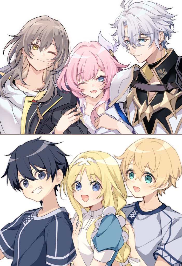 3boys, 3girls, ;), ahoge, alice_zuberg, black_coat, black_eyes, black_hair