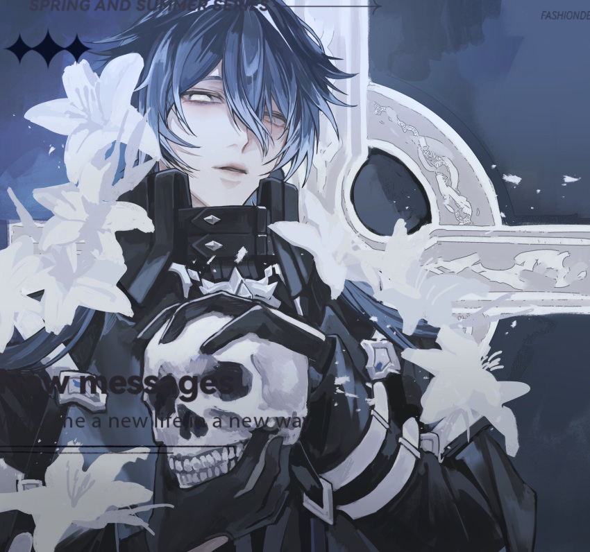 1boy, bags_under_eyes, black_coat, black_gloves, blue_background, coat, collared_coat, english_commentary