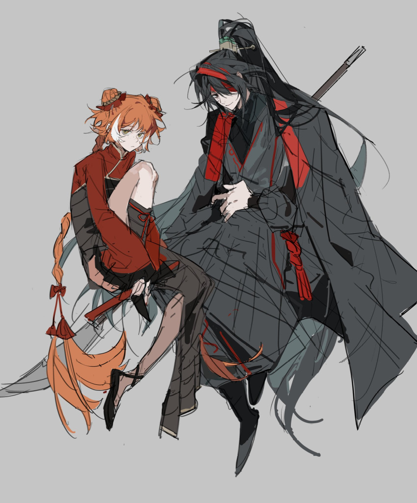1boy, 1girl, bandage_over_one_eye, black_dress, black_eyes, black_hair, black_hanfu, black_shoes