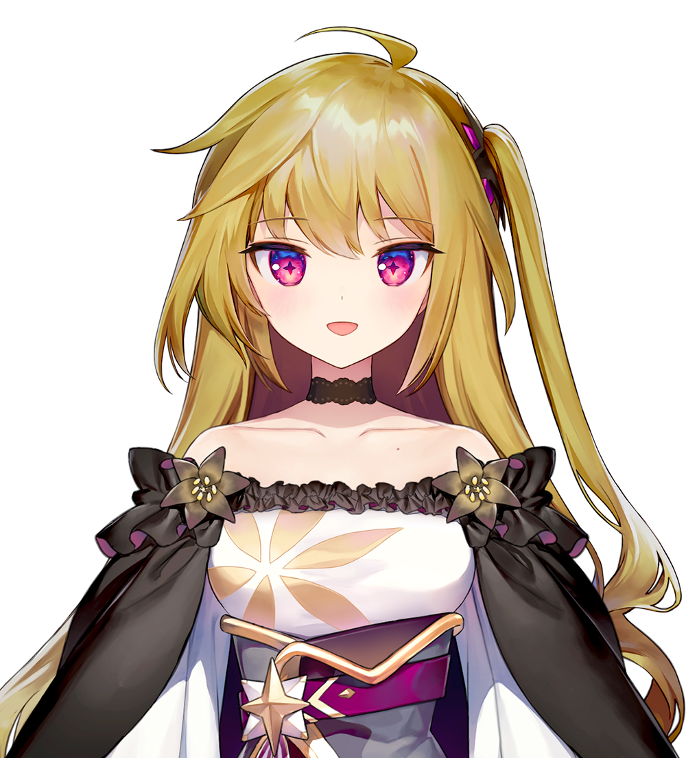 1girl, :d, ahoge, ainy, baibato, bare_shoulders, black_choker, blonde_hair