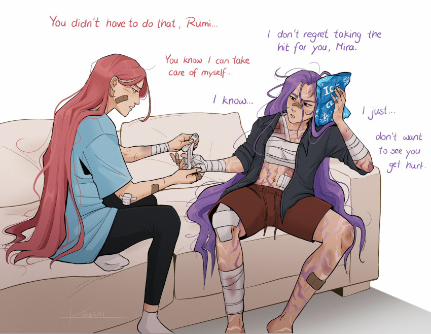 2girls, bandages, blood, blood_on_bandages, body_markings, bruise, bruise_on_leg, couch