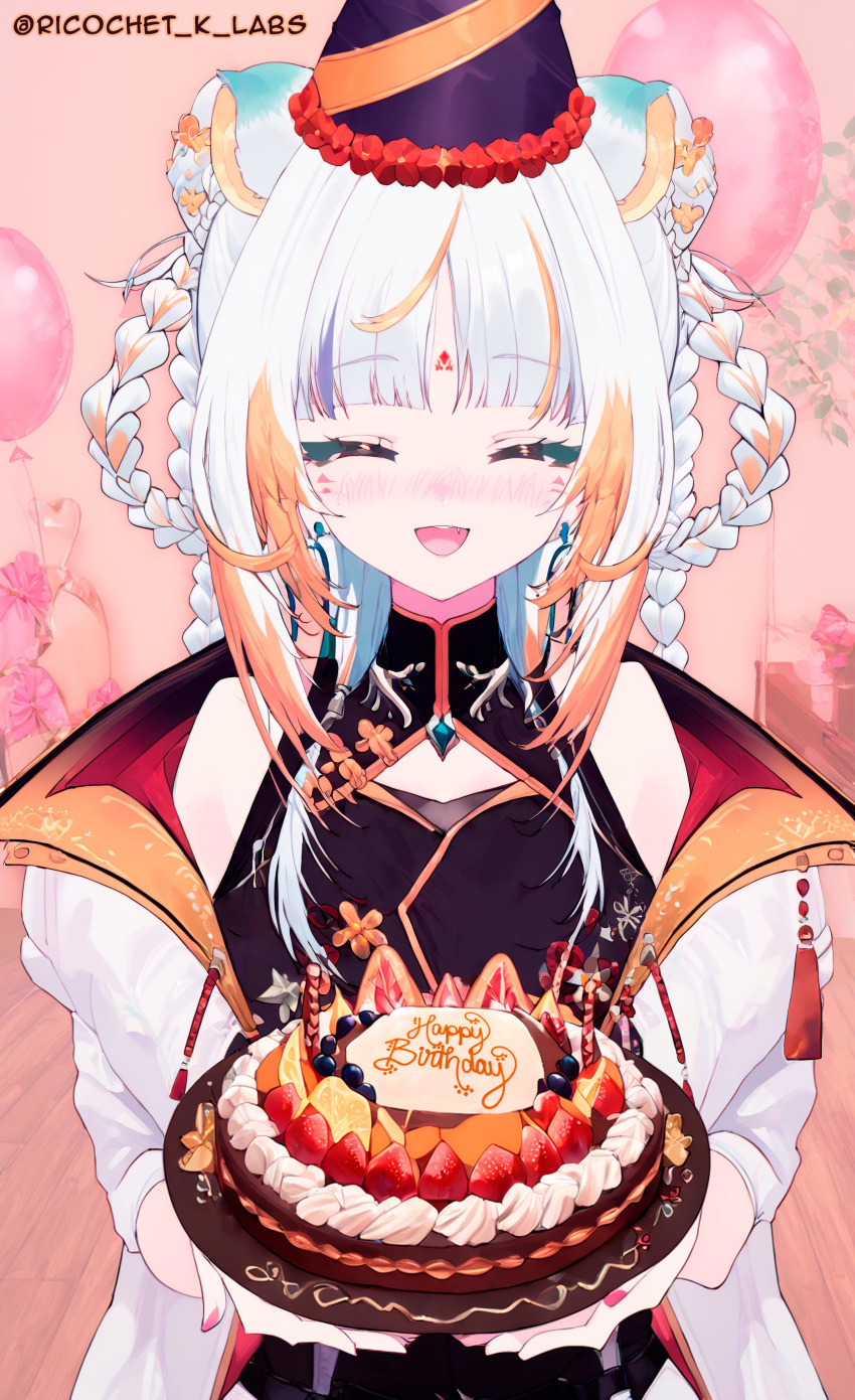 birthday, birthday_cake, blue_eyes, chromashift, smile, taiga_toragami, tiger_ears, virtual_youtuber