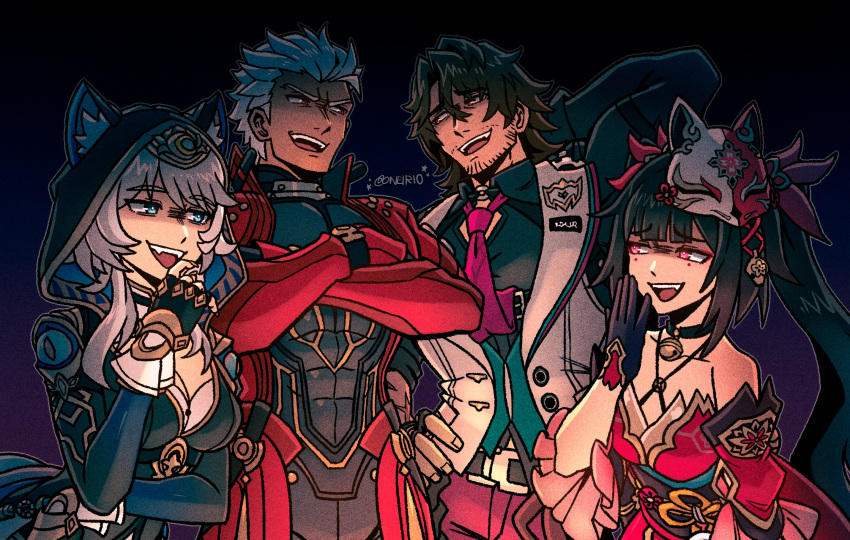 2boys, 2girls, archer_(fate), arm_behind_head, artist_name, beard_stubble, black_hair, black_jacket, black_shirt, brown_hair, cipher_(honkai:_star_rail), crossed_arms, english_commentary, facial_hair, fang, fate/stay_night, fate_(series), fox_mask, gallagher_(honkai:_star_rail), grey_hair, hand_on_own_hip, highres, honkai:_star_rail, honkai_(series), hood, hooded_jacket, jacket, laughing, looking_at_another, mask, mask_on_head, multiple_boys, multiple_girls, necktie, oneirio, open_mouth, red_jacket, red_necktie, shirt, smile, sparkle_(honkai:_star_rail), stubble, twintails, vest, white_hair, white_vest
