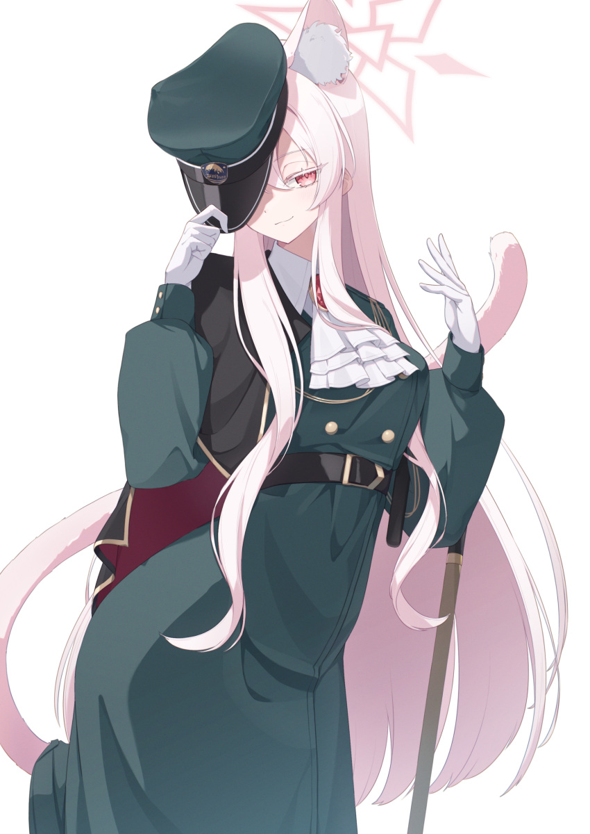 1girl, absurdres, adjusting_clothes, adjusting_headwear, akira_(blue_archive), animal_ear_fluff, animal_ears, blue_archive, cane, cat_ears, cat_girl, cat_tail, chloette, closed_mouth, coat, extra_ears, gloves, green_coat, green_hat, hair_between_eyes, halo, hat, highres, holding, holding_cane, long_hair, looking_at_viewer, official_alternate_costume, pink_hair, pink_halo, red_eyes, sidelocks, smile, solo, tail, white_gloves