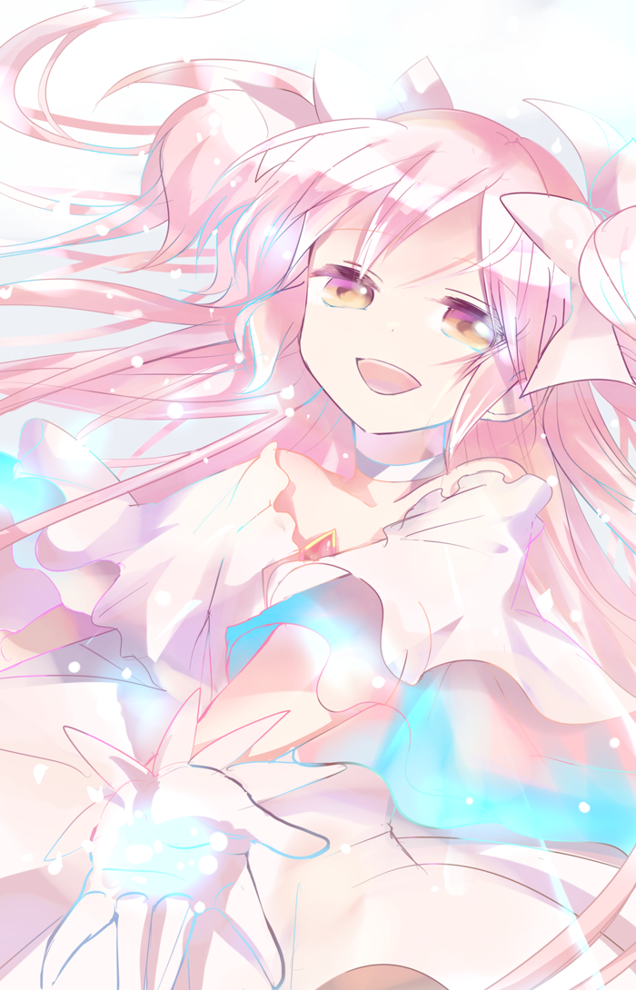 @shimapan, alternate_costume, alternate_hairstyle, bow, gloves, goddess_madoka, hair_bow, kaname_madoka
