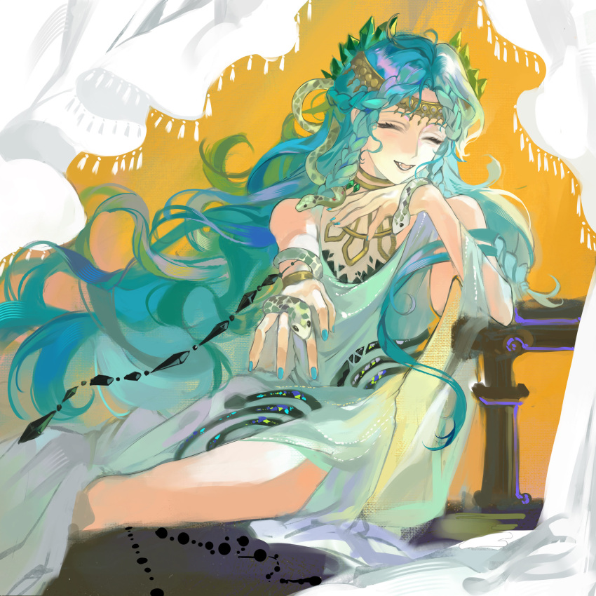 1girl, ^_^, bare_shoulders, blue_hair, closed_eyes, curtains, dress, elbow_on_table