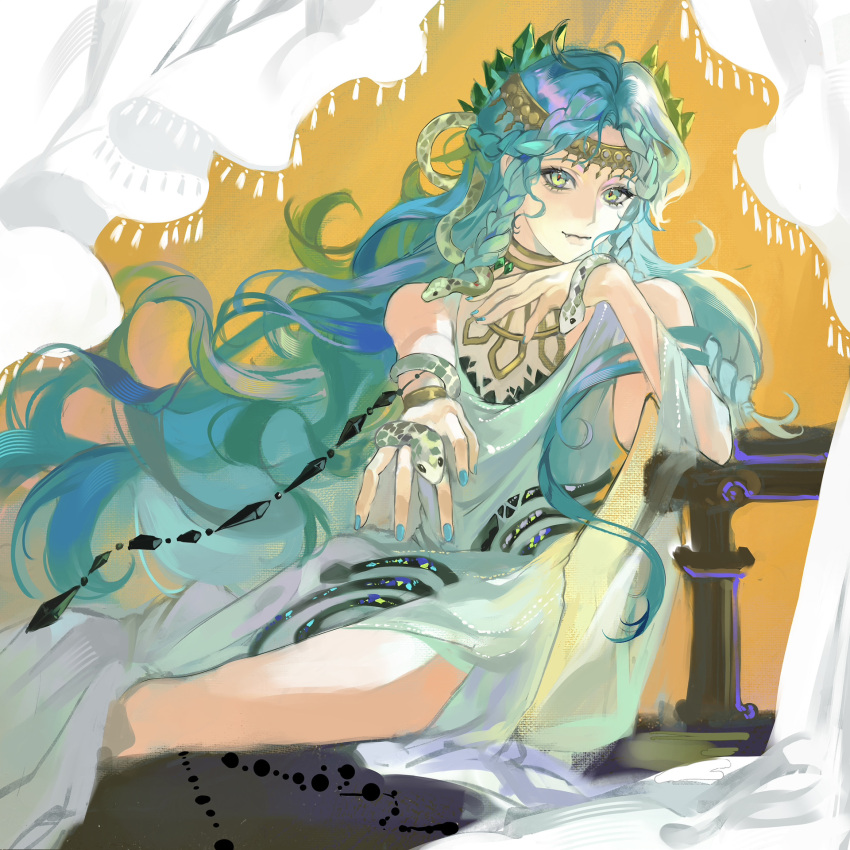 1girl, bare_shoulders, blue_hair, closed_mouth, curtains, dress, elbow_on_table, fang