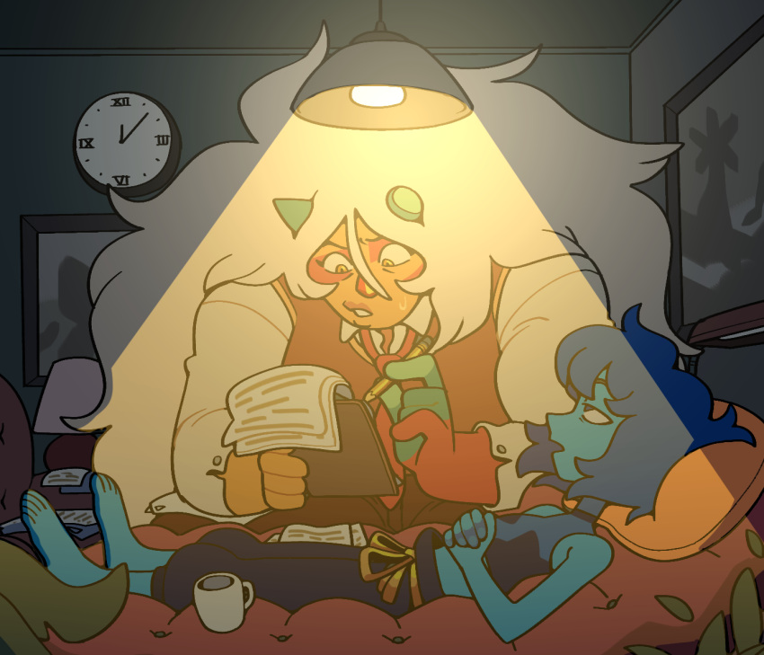 2girls, alternate_costume, broken_horn, colored_skin, discount-supervillain, gem, green_horns, highres