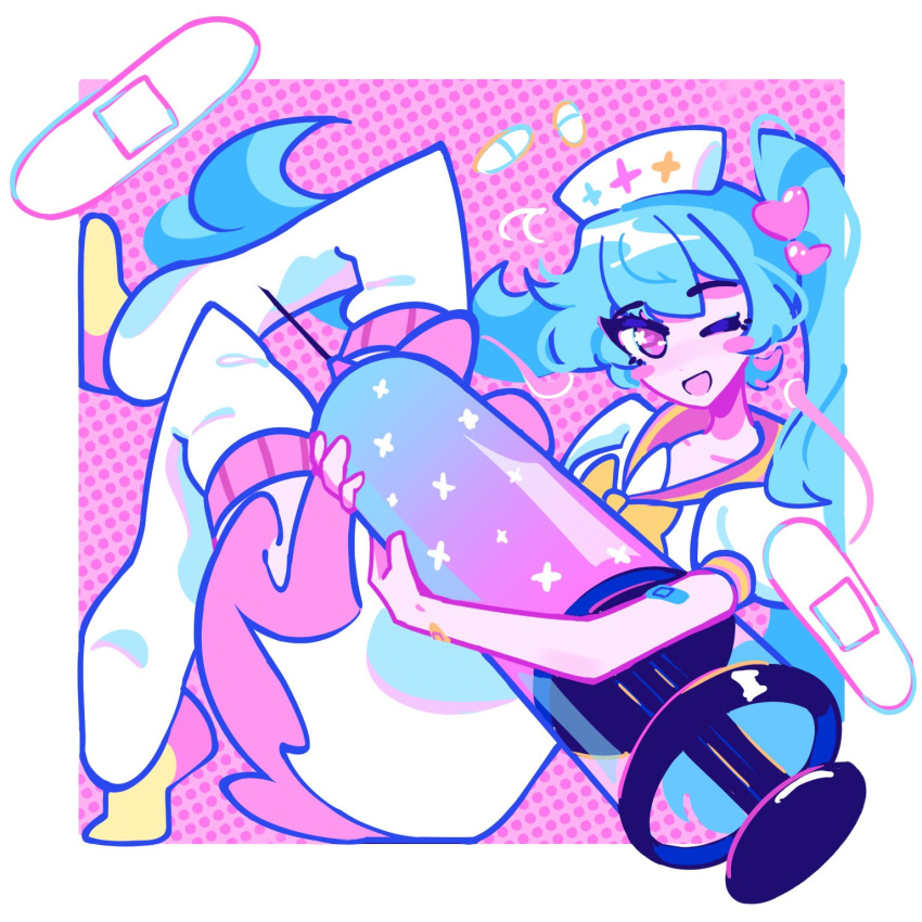 1girl, ;d, bandaid, bandaid_on_arm, blue_hair, border, bow, commentary