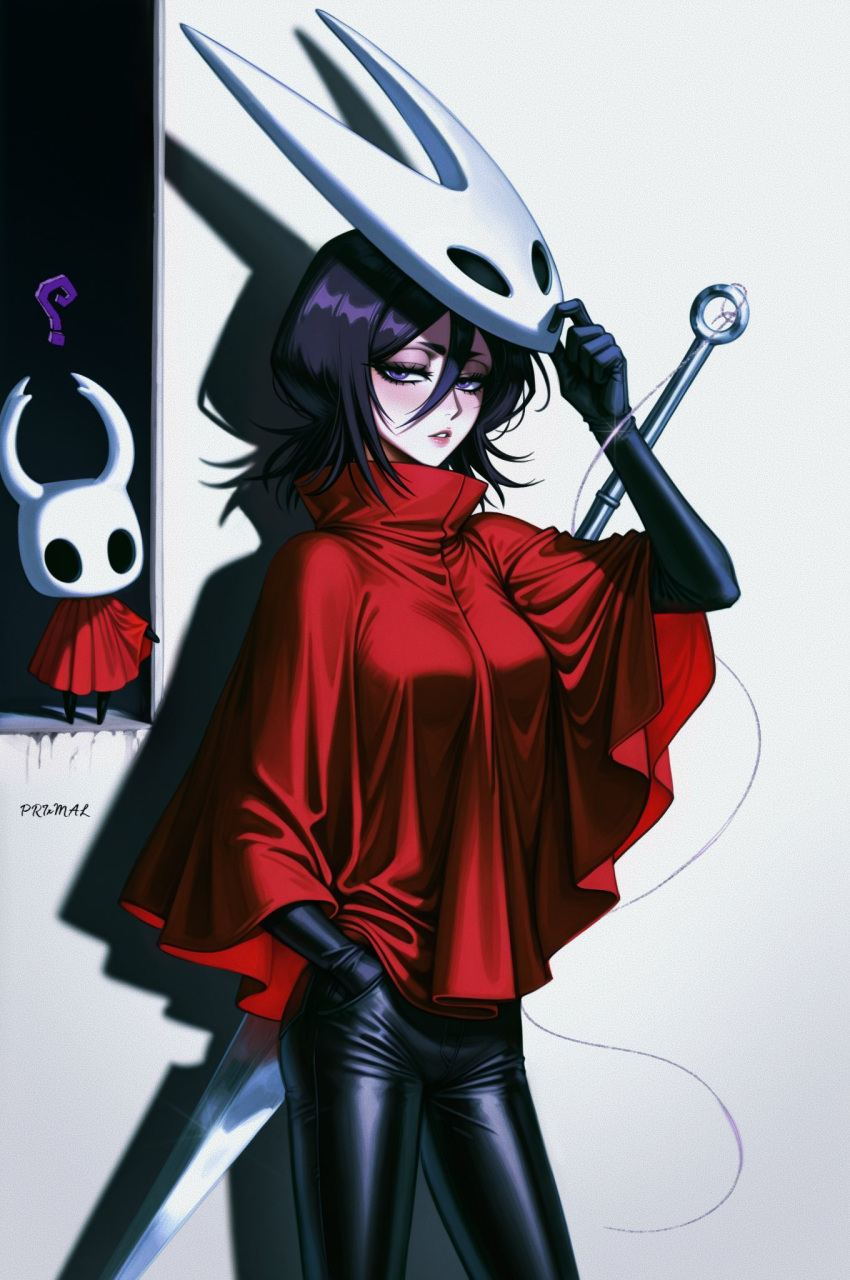 1girl, 1other, ?, artist_name, bleach, breasts, cloak, contrapposto