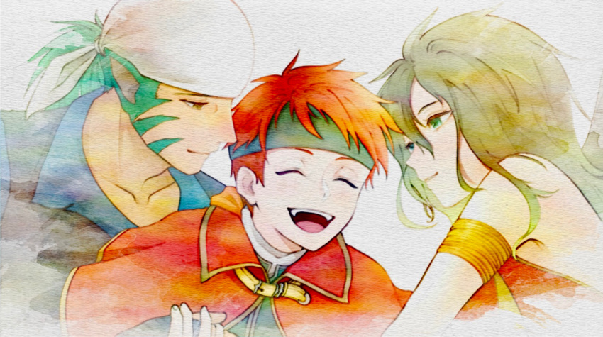 1girl, 2boys, animal_ears, aplche, armlet, bandana, closed_eyes, commentary_request